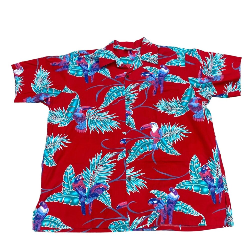 Go Barefoot Hawaiian Parrot Print Red Shirt 2XL Cotton Mens Short Sleeve USA
